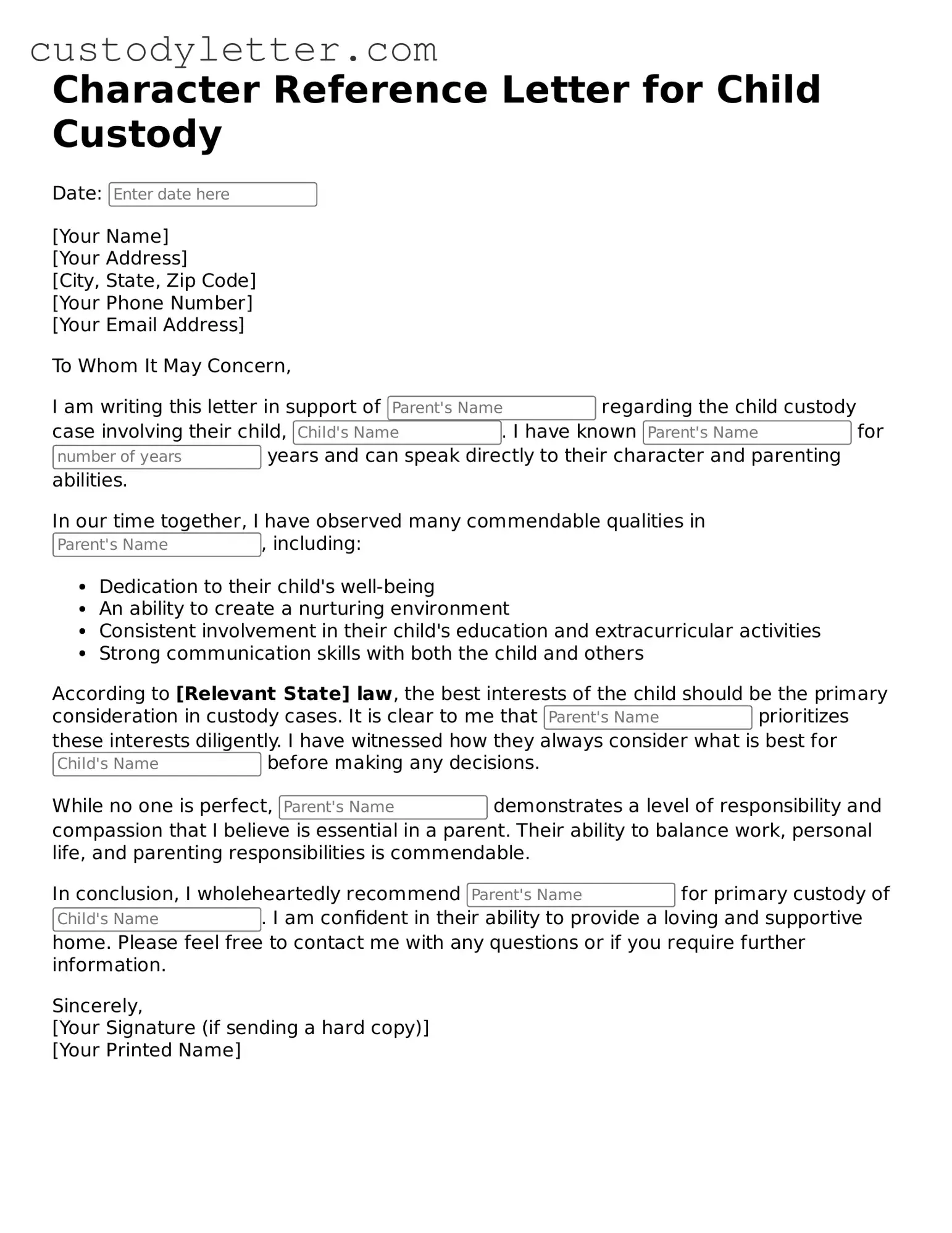 Legal Character Reference Letter for Child Custody Template